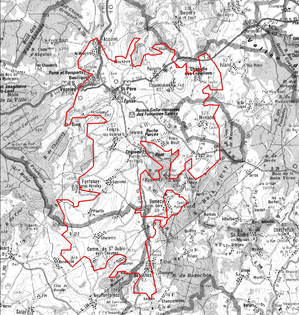 Gabarit de réception de la TNT en vézelien Carte avec tracé théorique des zones couvertes par l'émetteur de Tharoiseau